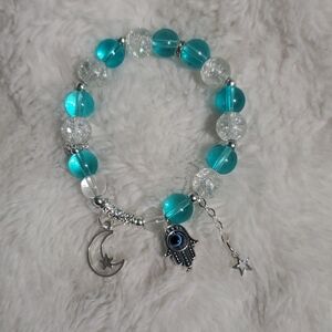 Turquoise and Clear Beaded Bracelet with Charms